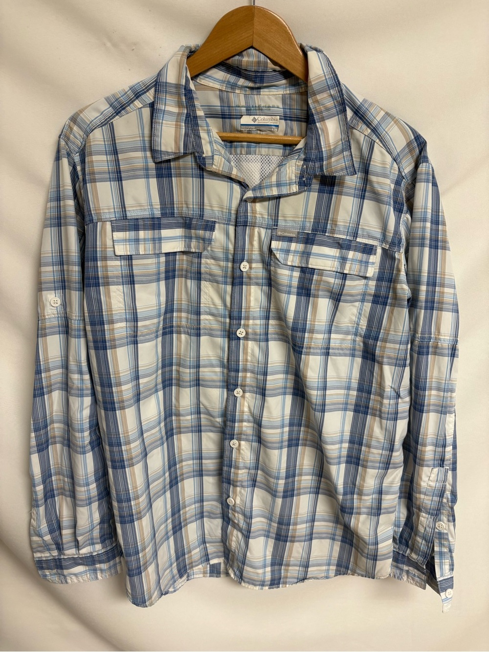 Columbia Men’s Light Blue and White Plaid Button-Down Shirt